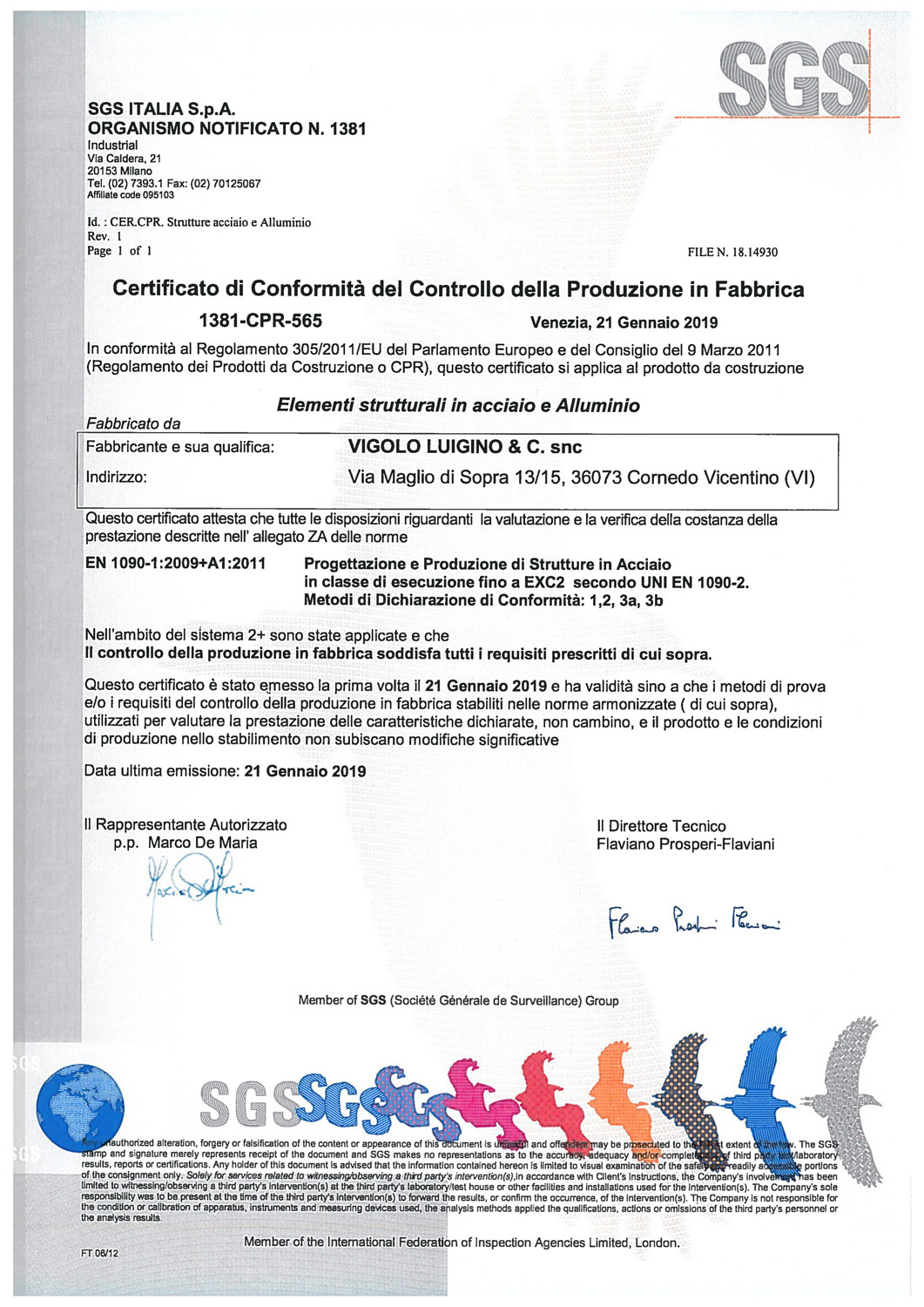 Vigolo certificazione SGS